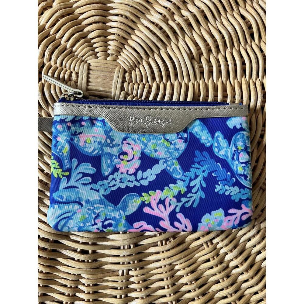 Lilly Pulitzer Wallet Pink Blue Zip ID Case Gold Keychain Card Holder
